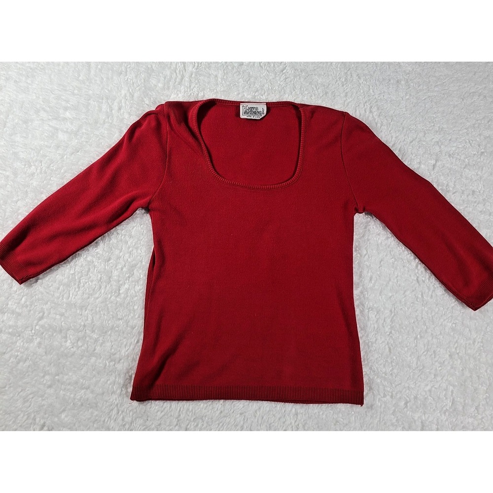 Vintage Knits Landing Ltd Red Cotton Knit Top Small Made USA 3/4 Sleeve